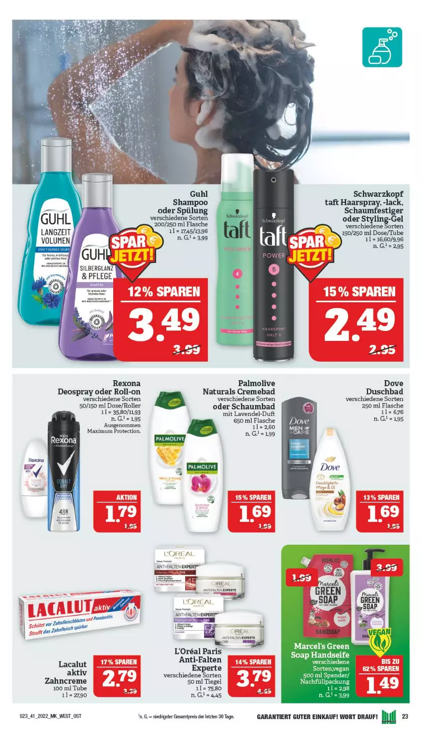 Aktueller Prospekt Marktkauf - Prospekt - von 09.10 bis 15.10.2022 - strona 27 - produkty: anti-falten experte, Bad, bio, creme, deo, deospray, dove, duschbad, eis, flasche, Guhl, haarspray, Handseife, l'oreal, lack, lavendel, loreal, natur, natura, olive, palmolive, reis, rexona, roll-on, Roller, schaumbad, schaumfestiger, schwarzkop, schwarzkopf, Seife, shampoo, spülung, Taft, Ti, zahncreme, ZTE