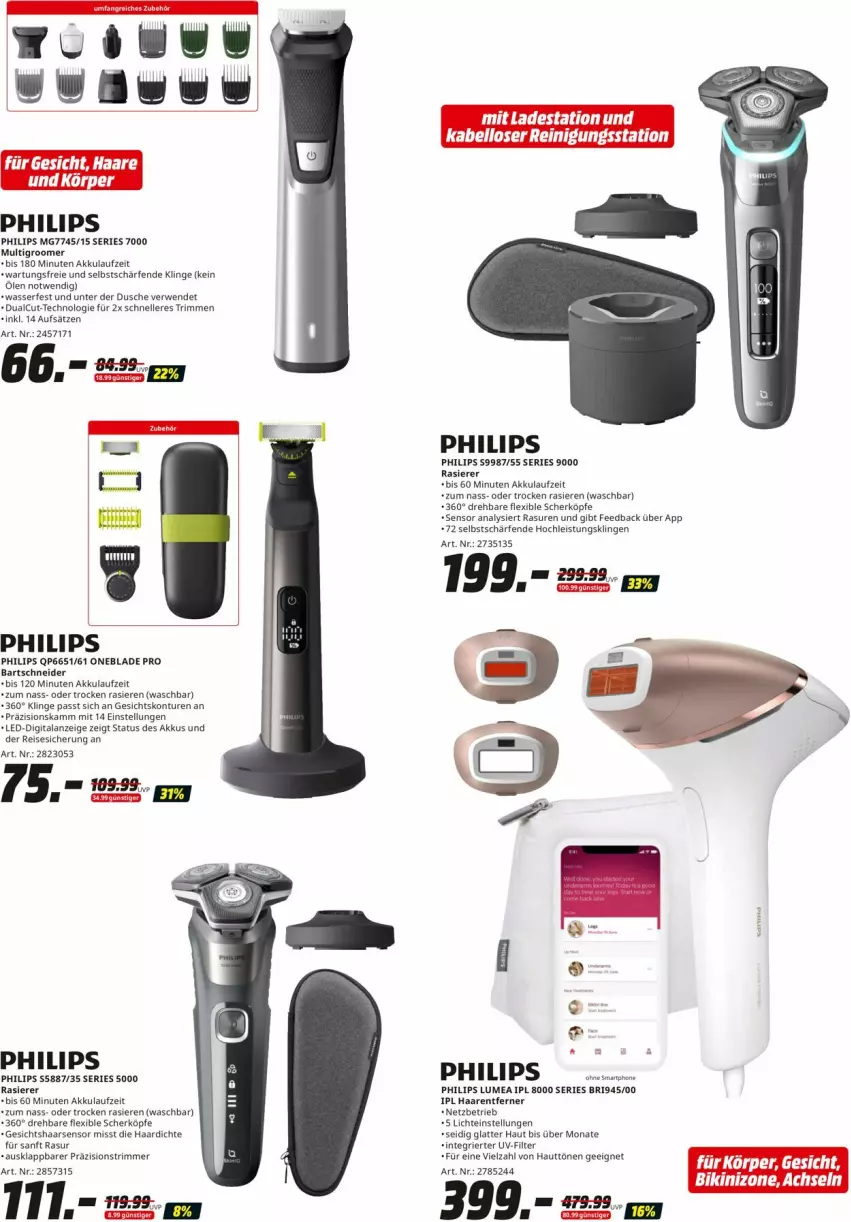 Aktueller Prospekt Media Markt - Prospekte - von 30.06 bis 08.07.2023 - strona 11 - produkty: akku, bartschneider, bikini, dusche, eis, elle, latte, Multigroom, Philips, rasierer, Reinigung, reis, rwe, smartphone, Ti, wasser