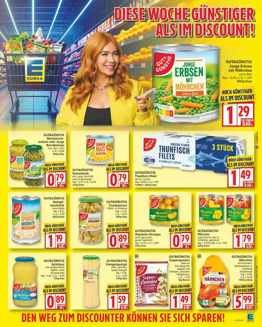 Aktueller Prospekt Edeka - Prospekte - von 19.01 bis 24.01.2026 - strona 3 - produkty: beutel, bohne, bohnen, braten, champignon, champignons, discount, ente, erbsen, filet, filets, fisch, frucht, junge erbsen, mais, mandarin-orangen, natur, orange, orangen, pfirsich, pfirsiche, sim, spargel, stangenspargel, suppe, suppen, thunfisch, Ti, Yo, zucker