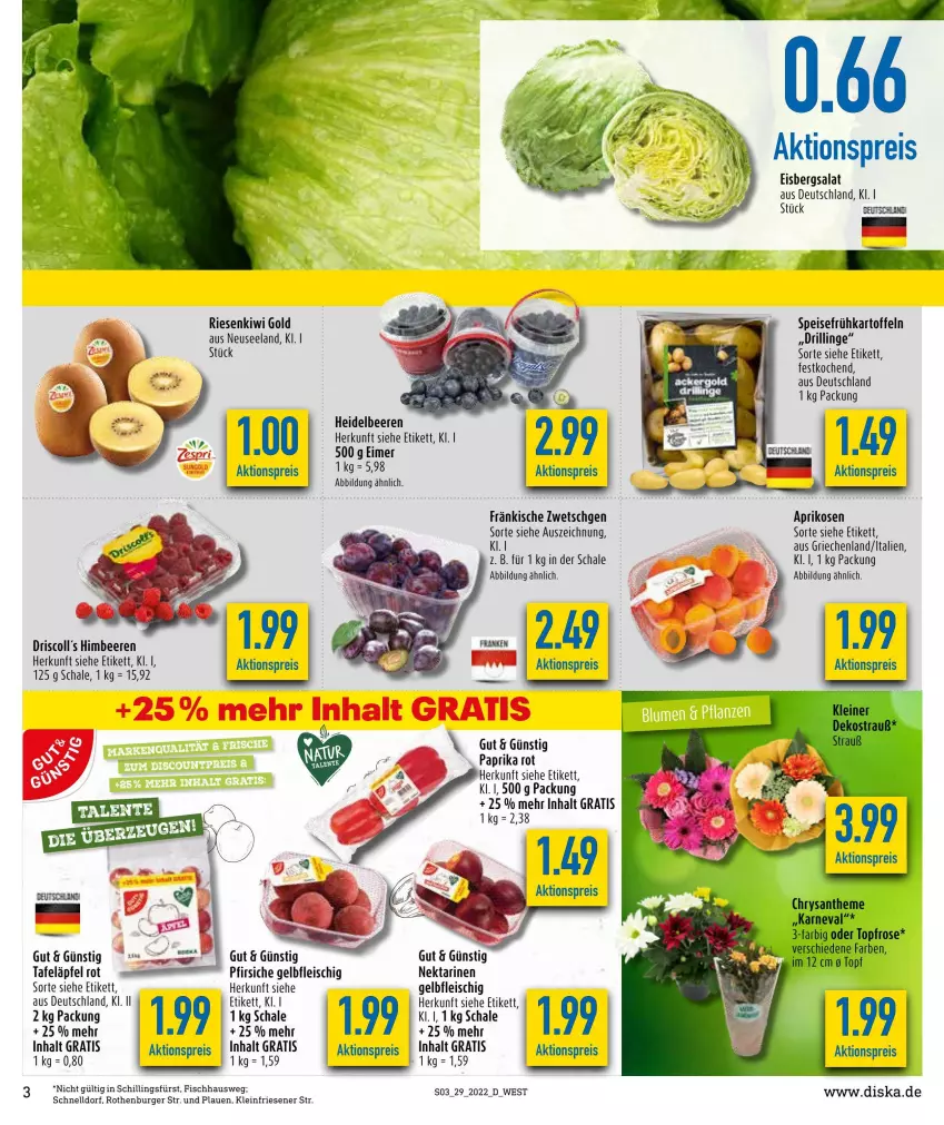 Aktueller Prospekt Diska - Prospekte - von 18.07 bis 23.07.2022 - strona 3 - produkty: aktionspreis, aprikose, aprikosen, beere, beeren, burger, driscoll's, eimer, eis, eisbergsalat, Elan, fisch, fleisch, Frühkartoffeln, heidelbeere, heidelbeeren, himbeer, himbeere, himbeeren, kartoffel, kartoffeln, kiwi, Kiwi Gold, leine, Nektar, nektarinen, paprika, paprika rot, pfirsich, pfirsiche, reis, salat, Schal, Schale, speisefrühkartoffeln, tafeläpfel, Ti, topf