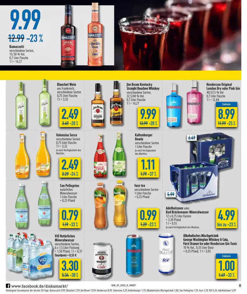 Aktueller Prospekt Diska - Prospekte - von 18.07 bis 23.07.2022 - strona 8 - produkty: adelholzener, alkohol, altenburger, Alwa, auer, Bad, bourbon, bourbon whiskey, bowle, burger, cola, ecco, eis, elle, enders, flasche, fuze tea, getränk, gin, Holz, jim beam, katlenburger, london dry, mineralwasser, natürliches mineralwasser, rama, ramazzott, ramazzotti, reis, san pellegrino, Ti, tonic, tuc, valensina, wasser, wein, whiskey, zott, ZTE