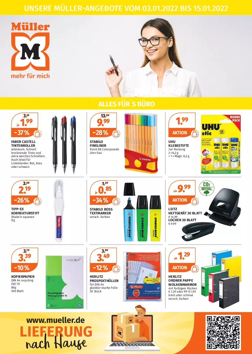 Aktueller Prospekt Mueller - Schreibwaren Angebote - von 03.01 bis 15.01.2022 - strona 1 - produkty: angebot, angebote, boss, Brei, Clin, din a4, elle, faber castell, Fineliner, kopierpapier, leitz, Müller, ordner, papier, prospekthüllen, Roller, shake, stabilo, stifte, textmarker, Ti, uhu