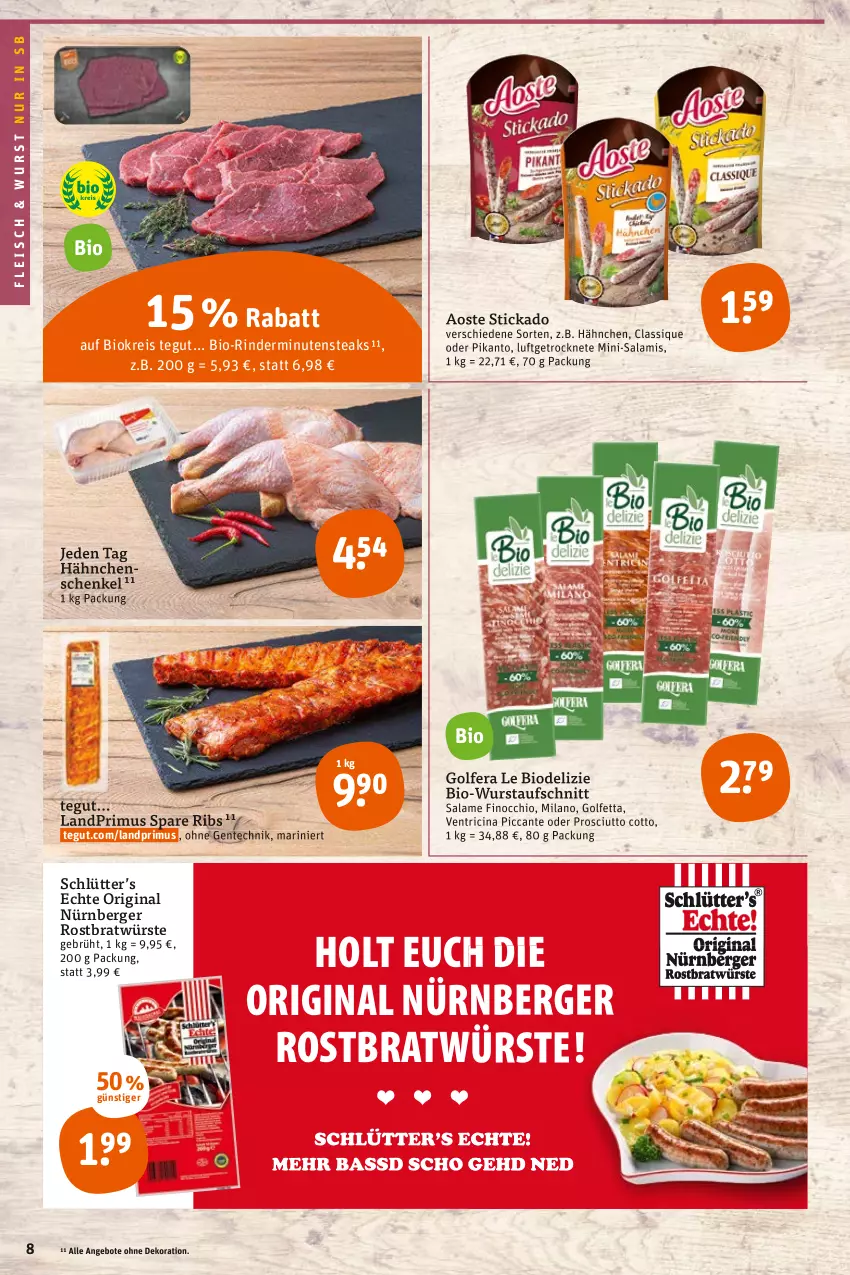 Aktueller Prospekt Tegut - Angebote der Woche - von 11.07 bis 16.07.2022 - strona 10 - produkty: angebot, angebote, aoste stickado, aufschnitt, Berger, bio, cin, dekoration, eis, ente, fleisch, gin, hähnchenschenkel, henkel, landprimus, Mini-Salami, minutensteaks, nürnberger, prosciutto, prosciutto cotto, reis, rind, rinder, salami, schenkel, spare ribs, steak, steaks, stickado, Ti, wurst