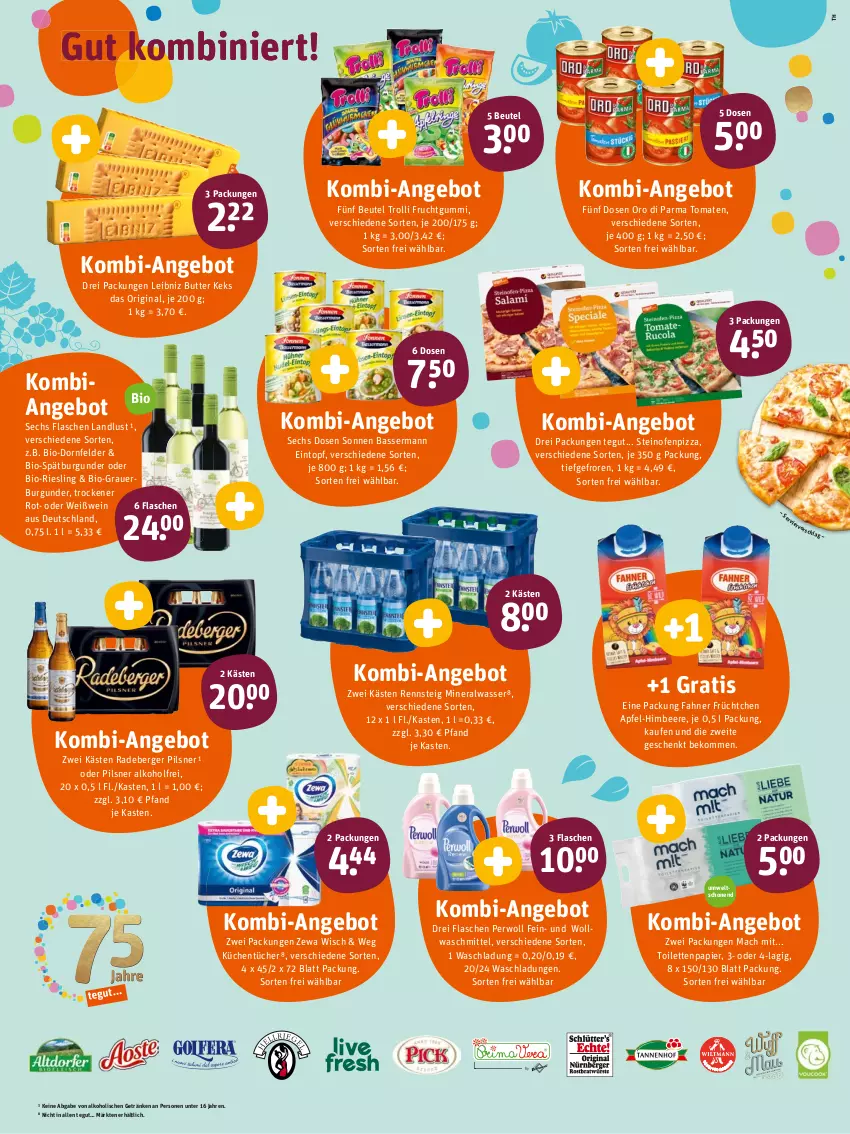 Aktueller Prospekt Tegut - Angebote der Woche - von 11.07 bis 16.07.2022 - strona 2 - produkty: alkohol, Alwa, angebot, apfel, auer, beere, beko, Berger, beutel, bio, burgunder, butter, dornfelder, eintopf, flasche, frucht, fruchtgummi, getränk, getränke, gin, himbeer, himbeere, keks, küche, Küchen, küchentücher, leibniz, mac, mineralwasser, Ofen, oro di parma, papier, perwoll, pils, pilsner, pizza, radeberger, radeberger pilsner, riesling, spätburgunder, steinofen, Ti, toilettenpapier, tomate, tomaten, topf, trolli, trolli fruchtgummi, tücher, waschmittel, wasser, wein, Weißwein, zewa