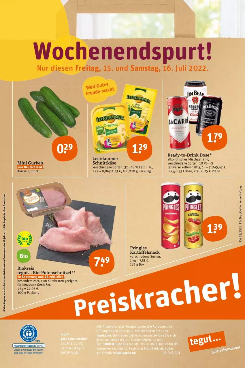 Aktueller Prospekt Tegut - Angebote der Woche - von 11.07 bis 16.07.2022 - strona 26 - produkty: alkohol, angebot, angebote, auer, bio, braten, dekoration, drink, Drink Dose, drucker, eis, Engel, Fulda, getränk, getränke, gurke, gurken, kartoffel, Käse, kerze, lebensmittel, leerdammer, pringles, pute, putenschnitzel, reis, rezept, rezepte, ring, schnittkäse, schnitzel, snack, Ti, uhr