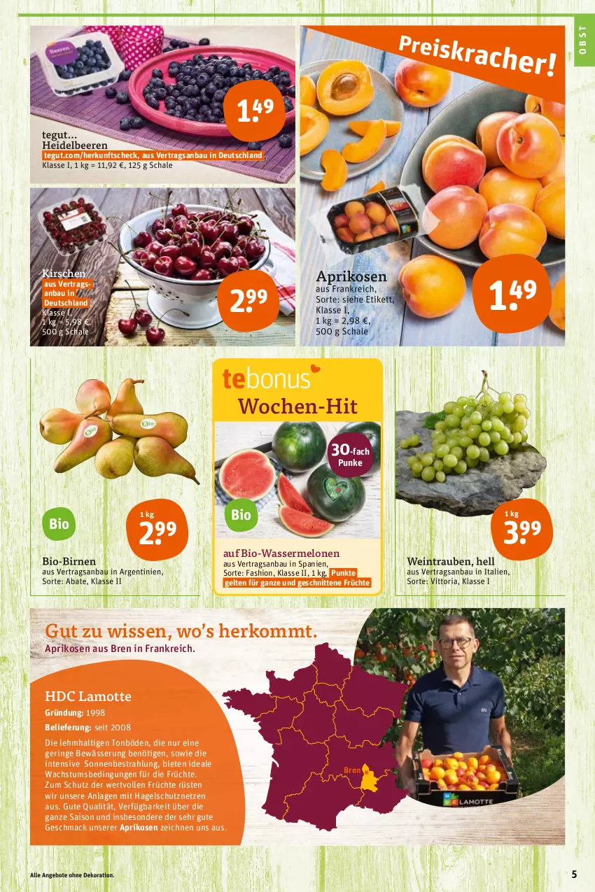 Aktueller Prospekt Tegut - Angebote der Woche - von 11.07 bis 16.07.2022 - strona 7 - produkty: angebot, angebote, aprikose, aprikosen, Bau, beere, beeren, bio, Birnen, dekoration, früchte, heidelbeere, heidelbeeren, kirsch, kirsche, kirschen, mac, melone, melonen, obst, Ria, ring, Schal, Schale, schnitten, Schutznetz, Ti, trauben, wasser, wassermelone, wassermelonen, wein