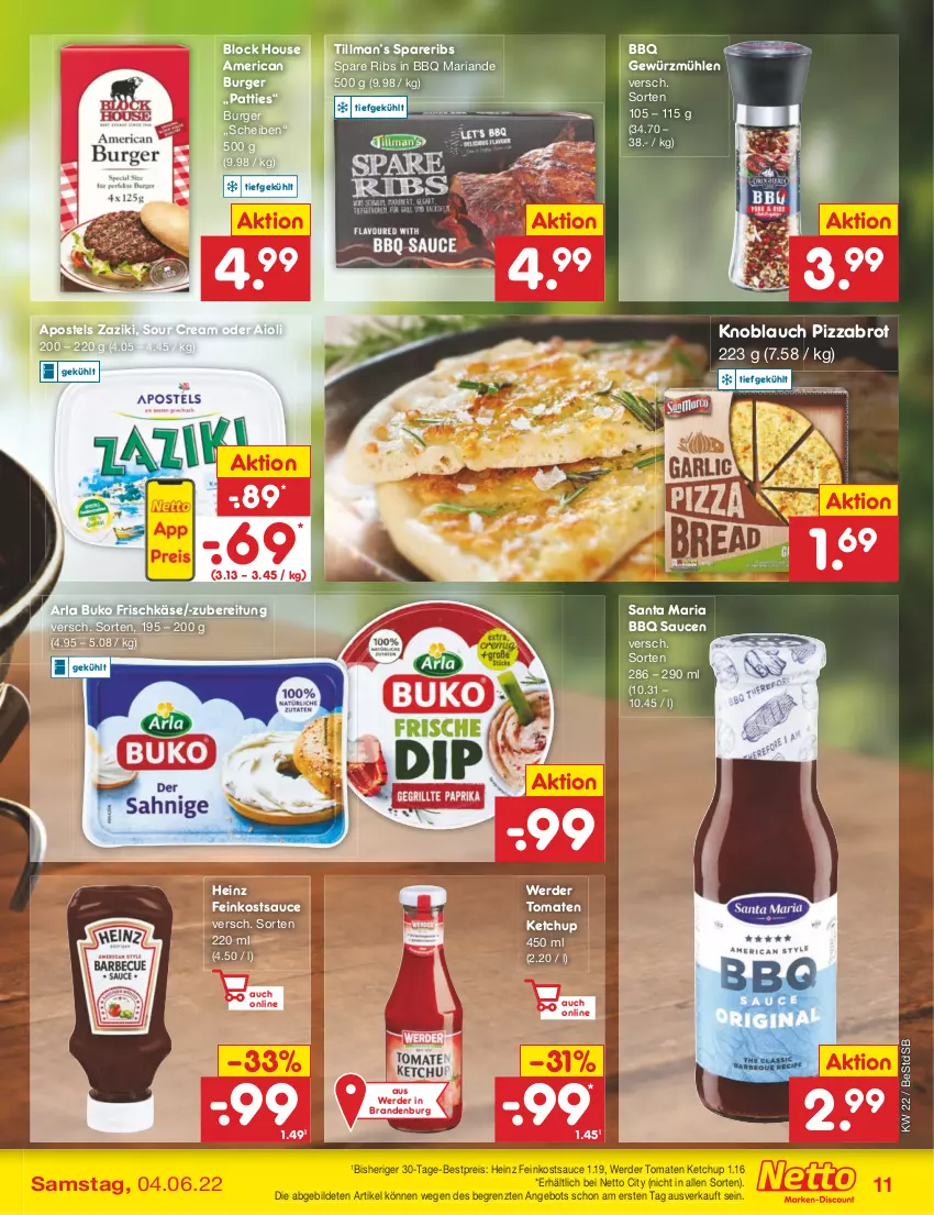 Aktueller Prospekt Netto Marken-Discount - Filial-Angebote - von 30.05 bis 04.06.2022 - strona 11 - produkty: aioli, angebot, apostels, arla, arla buko, bestpreis, brot, Buko, burger, eis, erde, feinkost, frischkäse, gewürz, Gewürzmühle, heinz, Käse, ketchup, knoblauch, pizza, reis, Ria, sauce, saucen, sour cream, spare ribs, spareribs, Ti, tomate, tomaten, tomaten ketchup, zaziki, ZTE