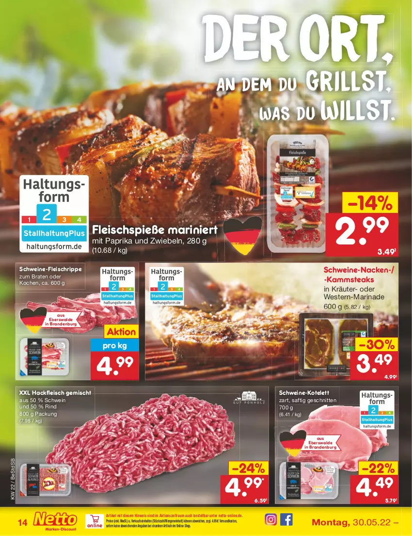 Aktueller Prospekt Netto Marken-Discount - Filial-Angebote - von 30.05 bis 04.06.2022 - strona 14 - produkty: braten, eis, fleisch, Fleischspieße, grill, hackfleisch, hackfleisch gemischt, kotelett, kräuter, marinade, mit paprika, ndk, paprika, reis, rind, saft, schnitten, schwein, schweine, steak, steaks, Ti, wein, weine, Weste, zwiebel, zwiebeln