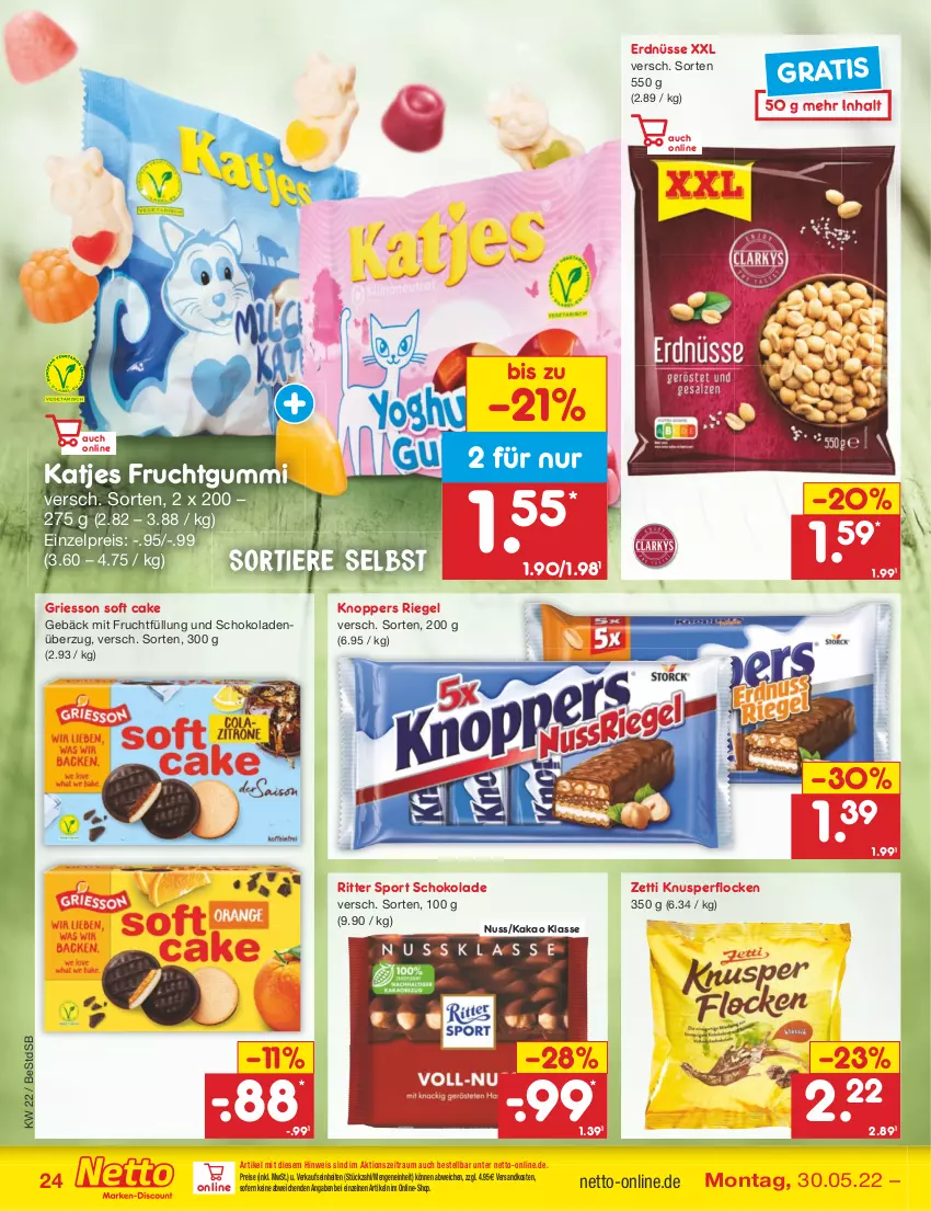 Aktueller Prospekt Netto Marken-Discount - Filial-Angebote - von 30.05 bis 04.06.2022 - strona 24 - produkty: eis, erdnüsse, frucht, fruchtgummi, griesson, kakao, katjes, knoppers, Knusperflocken, mit frucht, ndk, nuss, reis, riegel, ritter, ritter sport, schoko, schokolade, schokoladen, Sport, Ti, Tiere