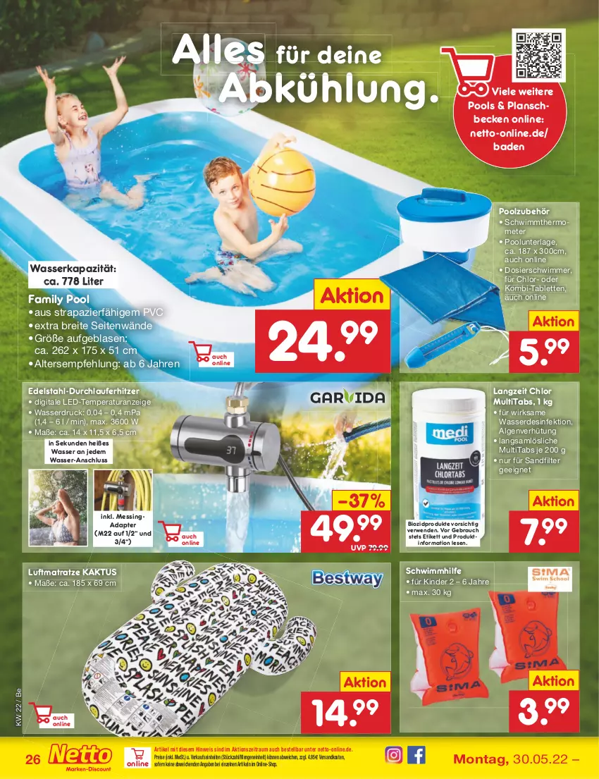 Aktueller Prospekt Netto Marken-Discount - Filial-Angebote - von 30.05 bis 04.06.2022 - strona 26 - produkty: adapter, Bad, bio, biozidprodukte, Brei, Desinfektion, edelstahl, eis, erde, family pool, Kinder, LG, luftmatratze, matratze, ndk, planschbecken, pool, Rauch, reis, rwe, tablet, tablett, Tablette, thermometer, Ti, wasser