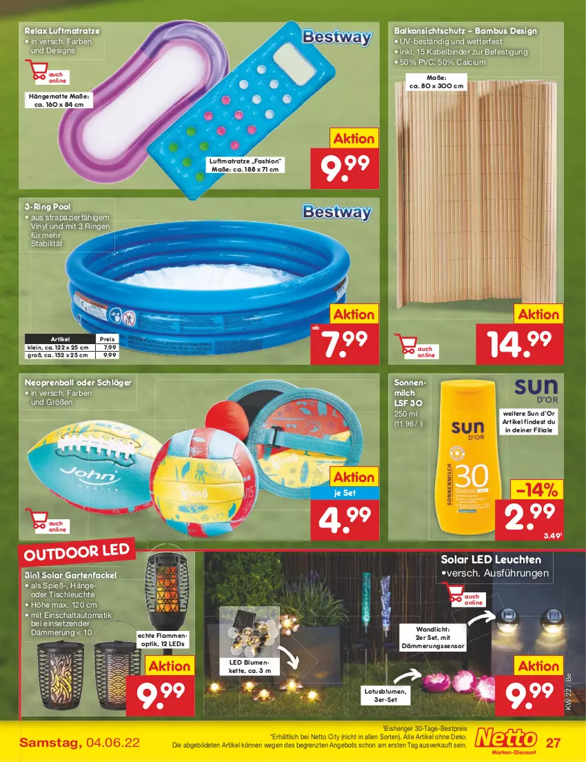 Aktueller Prospekt Netto Marken-Discount - Filial-Angebote - von 30.05 bis 04.06.2022 - strona 27 - produkty: angebot, auto, ball, bambus, bestpreis, blume, blumen, Calcium, eis, Garten, Gartenfackel, hängematte, Kette, lamm, leds, Leuchte, leuchten, luftmatratze, matratze, milch, pool, reis, rel, ring, Schal, sonnenmilch, Ti, tisch, tischleuchte, usb, ZTE