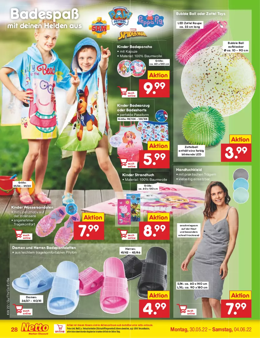 Aktueller Prospekt Netto Marken-Discount - Filial-Angebote - von 30.05 bis 04.06.2022 - strona 28 - produkty: Anzug, Bad, badeanzug, badeshorts, ball, Bau, baumwolle, eis, handtuch, Hylo, Kinder, kleid, ndk, pantolette, pantoletten, reis, Ria, sandale, sandalen, shorts, strandtuch, Ti, tisch, tuc, wasser, wolle, zott