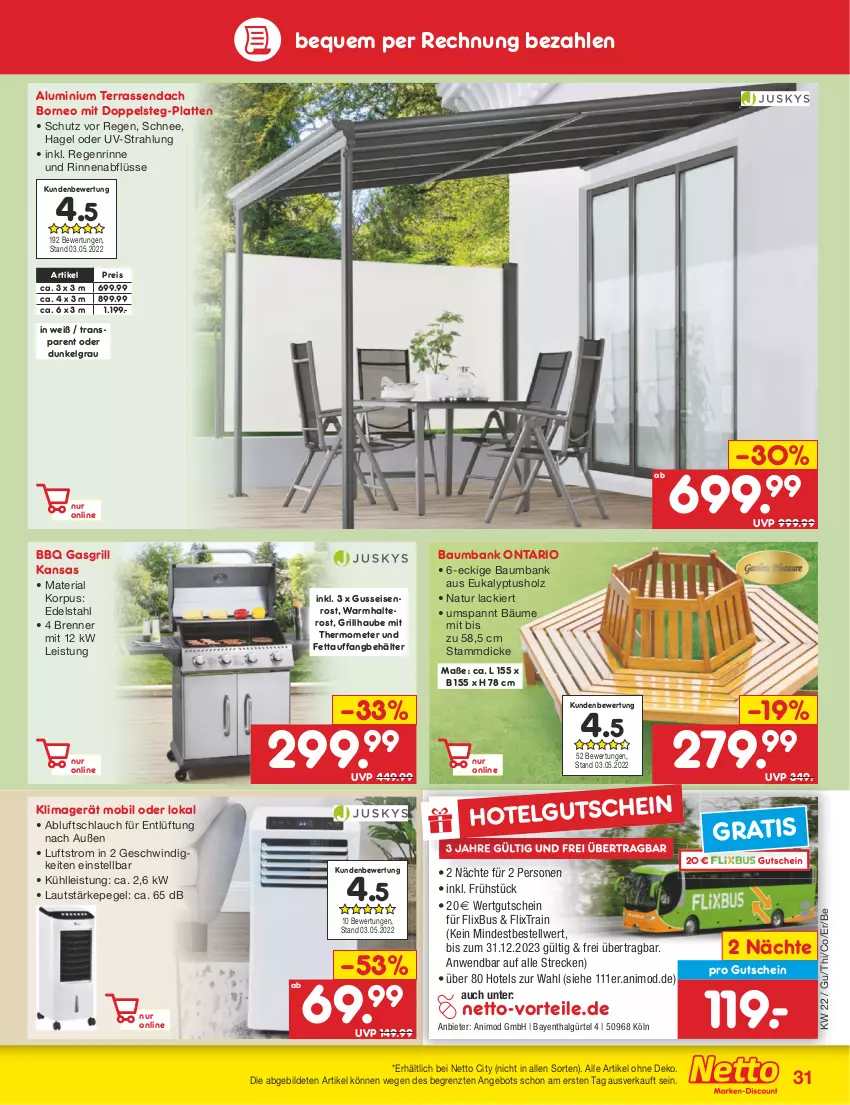 Aktueller Prospekt Netto Marken-Discount - Filial-Angebote - von 30.05 bis 04.06.2022 - strona 31 - produkty: angebot, Bank, Bau, Baumbank, Behälter, edelstahl, eis, gasgrill, grill, gutschein, Holz, klimagerät, lack, latte, LG, mit thermometer, natur, reis, Ria, schlauch, thermometer, Ti, ZTE