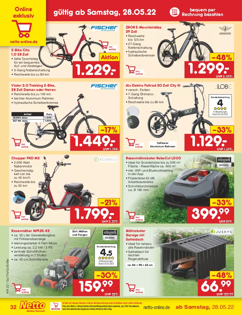 Aktueller Prospekt Netto Marken-Discount - Filial-Angebote - von 30.05 bis 04.06.2022 - strona 32 - produkty: akku, Brei, E-Bike, eis, Elektro, Kette, mähroboter, messer, Mountainbike, ndk, rasen, rasenmäher, reis, sattel, Schal, senf, shimano, Ti