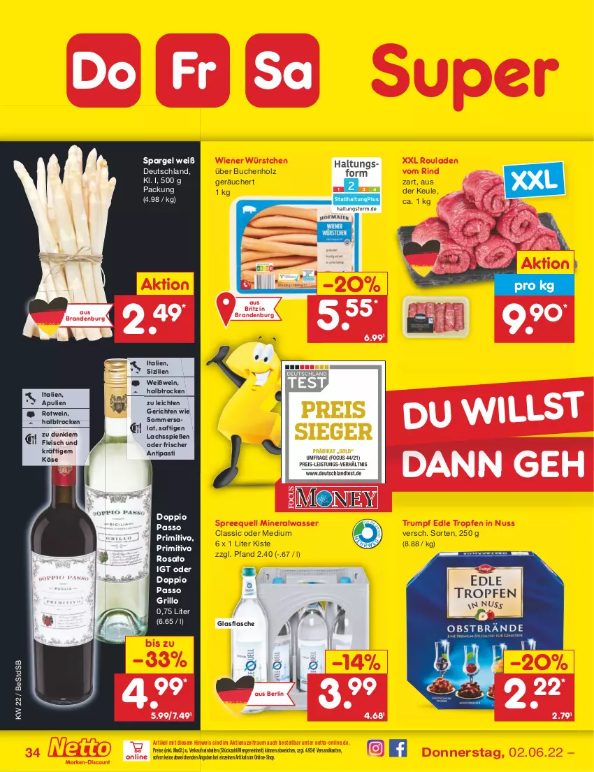 Aktueller Prospekt Netto Marken-Discount - Filial-Angebote - von 30.05 bis 04.06.2022 - strona 34 - produkty: Alwa, antipasti, asti, buch, doppio passo, eis, flasche, fleisch, glasflasche, grill, grillo, Holz, Käse, lachs, mineralwasser, ndk, nuss, passo, primitivo, reis, rind, rosato, rotwein, rouladen, rum, saft, salat, spargel, Spreequell, Ti, wasser, wein, Weißwein, wiener, wiener würstchen, würstchen