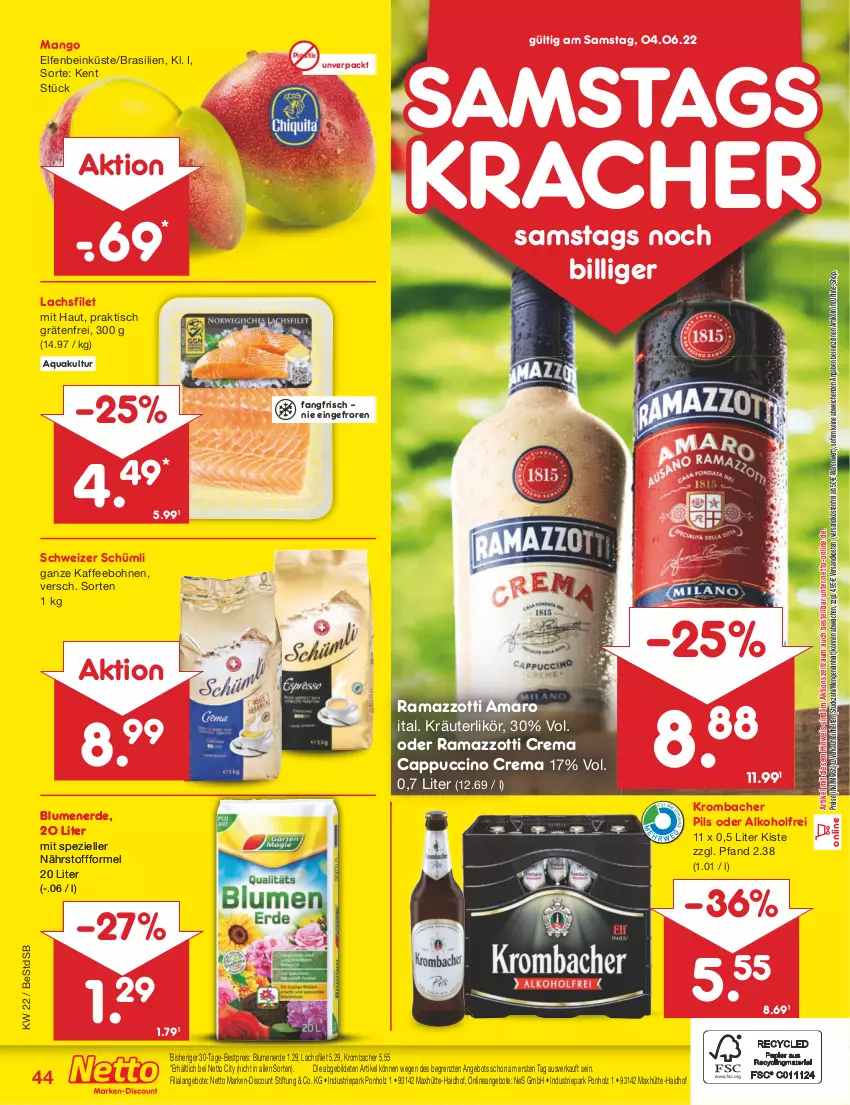 Aktueller Prospekt Netto Marken-Discount - Filial-Angebote - von 30.05 bis 04.06.2022 - strona 44 - produkty: alkohol, amaro, angebot, angebote, aqua, asti, bestpreis, blume, blumen, blumenerde, bohne, bohnen, Cap, cappuccino, cin, discount, eis, elle, erde, filet, Holz, kaffee, kaffeebohnen, kracher, kräuter, kräuterlikör, krombache, krombacher, krombacher pils, lachs, lachsfilet, likör, mango, marken-discount, ndk, pils, rama, ramazzott, ramazzotti, reis, Spezi, Ti, tisch, versandkostenfrei, zott, ZTE