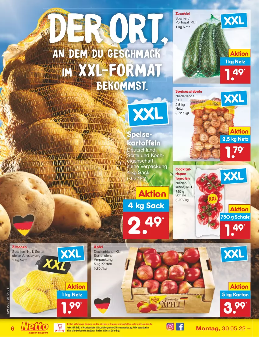 Aktueller Prospekt Netto Marken-Discount - Filial-Angebote - von 30.05 bis 04.06.2022 - strona 6 - produkty: beko, cocktail, eis, kartoffel, kartoffeln, mac, ndk, reis, rispentomaten, sac, Schal, Schale, speisekartoffeln, Speisezwiebeln, Ti, tomate, tomaten, zitrone, zitronen, zucchini, zwiebel, zwiebeln