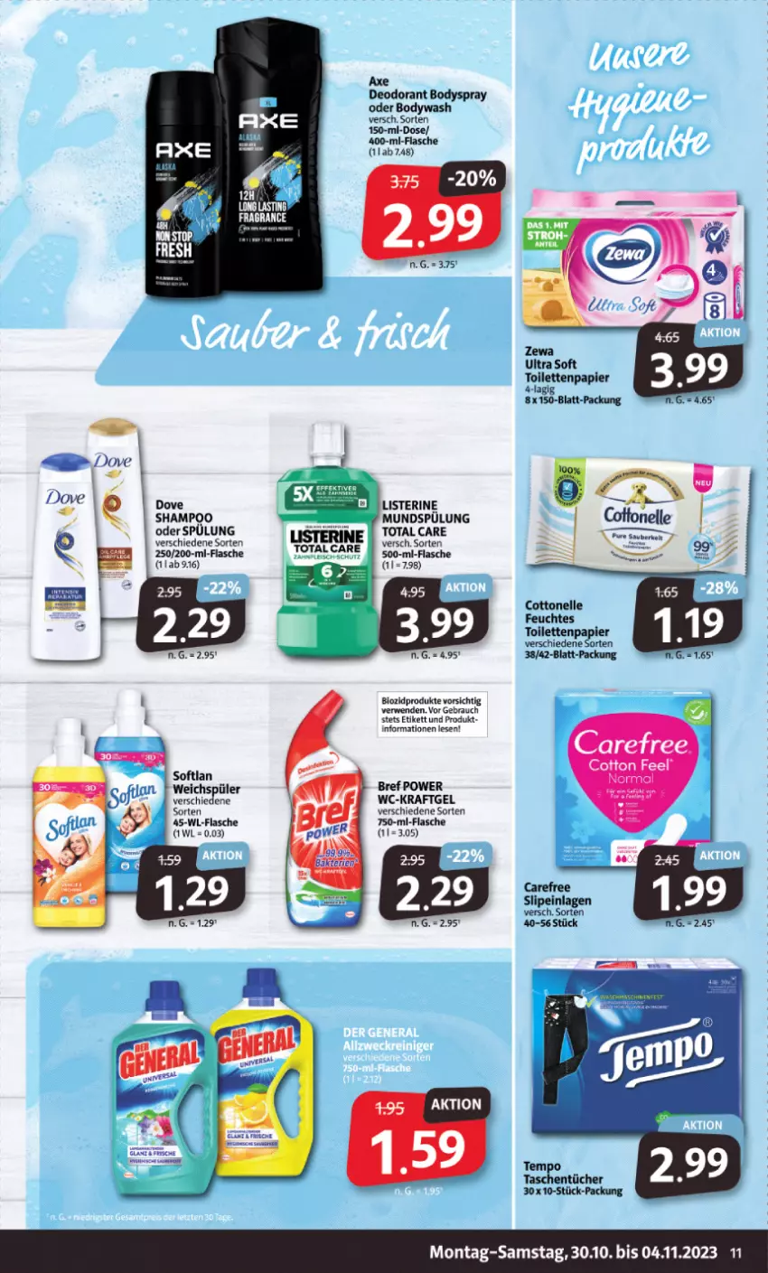 Aktueller Prospekt Markant - Prospekte - von 30.10 bis 04.11.2023 - strona 11 - produkty: bio, biozidprodukte, Bref, bref power, carefree, cottonelle, dove, elle, feuchtes toilettenpapier, flasche, kraft, listerine, mundspülung, papier, Rauch, rwe, shampoo, slip, slipeinlagen, Softlan, spülung, Tasche, taschen, taschentücher, Ti, toilettenpapier, tücher, weichspüler, zewa