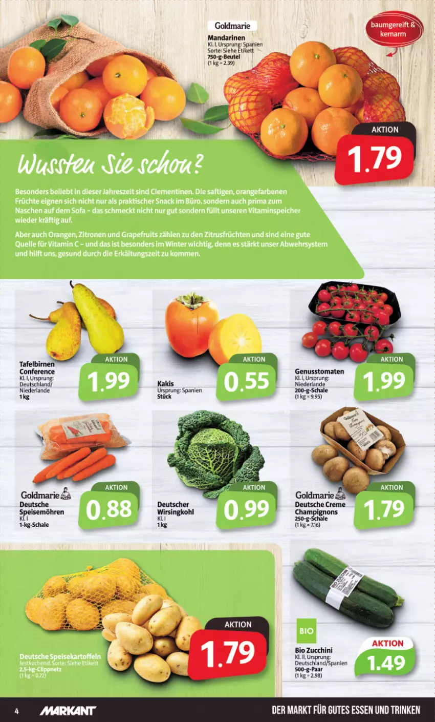 Aktueller Prospekt Markant - Prospekte - von 30.10 bis 04.11.2023 - strona 4 - produkty: Bau, beutel, bio, Birnen, champignon, champignons, creme, goldmarie, gutes essen, Kaki, mandarine, mandarinen, möhren, nuss, Schal, Schale, tafelbirnen, Ti, tomate, tomaten, zucchini