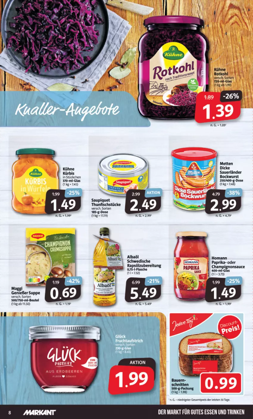 Aktueller Prospekt Markant - Prospekte - von 30.10 bis 04.11.2023 - strona 8 - produkty: auer, beere, beeren, beutel, bockwurst, eis, erdbeere, erdbeeren, fisch, fische, gutes essen, homann, Kühne, Kürbis, maggi, paprika, reis, sauce, saupiquet, suppe, thunfisch, wurst, ZTE