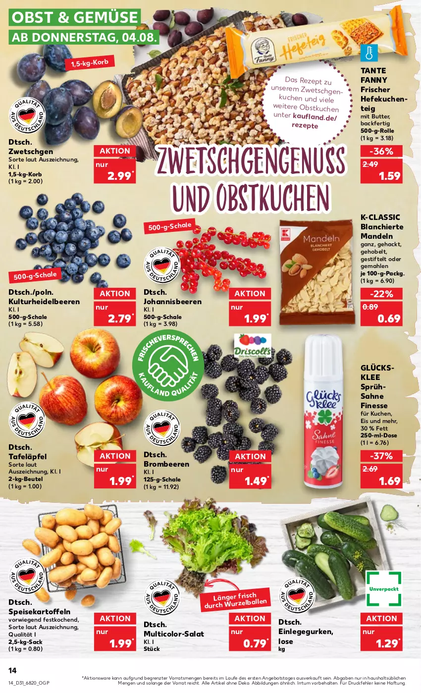 Aktueller Prospekt Kaufland - von 04.08 bis 10.08.2022 - strona 14 - produkty: angebot, beere, beeren, beutel, brombeere, brombeeren, butter, eis, finesse, gurke, gurken, Hefe, heidelbeere, heidelbeeren, johannisbeere, Johannisbeeren, kartoffel, kartoffeln, korb, kuchen, mandel, mandeln, nuss, obst, rezept, rezepte, sac, sahne, salat, Schal, Schale, speisekartoffeln, stifte, tafeläpfel, tante fanny, Ti, ZTE