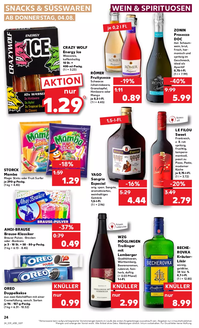 Aktueller Prospekt Kaufland - von 04.08 bis 10.08.2022 - strona 24 - produkty: ahoj-brause, angebot, aperitif, apfel, Becher, beere, beeren, Berger, bonbons, brause, Brock, brut, creme, Doppelkekse, ecco, eis, frucht, getränk, grana, granatapfel, himbeer, himbeere, johannisbeere, keks, kekse, kräuter, kräuterlikör, küche, likör, mac, mam, mango, Mode, oreo, pasta, pizza, prosecco, qualitätswein, Rana, reis, Ria, rotwein, Rubin, sangria, snack, snacks, spirituosen, storck, Surf, süsswaren, Ti, trolli, trollinger, wasser, wassereis, wein, zonin, ZTE