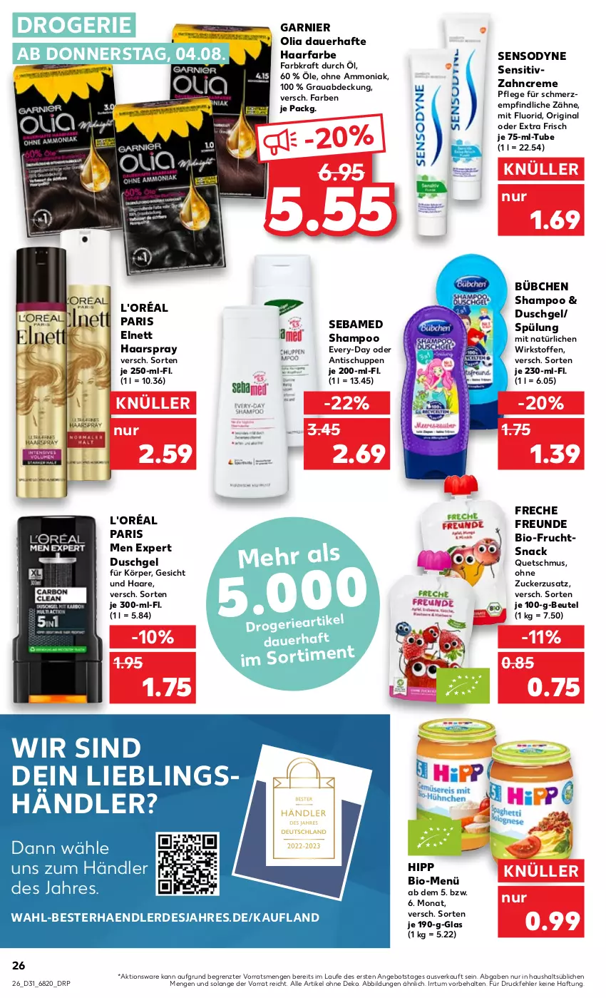 Aktueller Prospekt Kaufland - von 04.08 bis 10.08.2022 - strona 26 - produkty: angebot, auer, beutel, bio, bübchen, creme, duschgel, elnett, erde, freche freunde, frucht, garnier, gin, haarspray, hipp, kraft, sebamed, sensodyne, shampoo, snack, spülung, Ti, tisch, zahncreme, ZTE, zucker