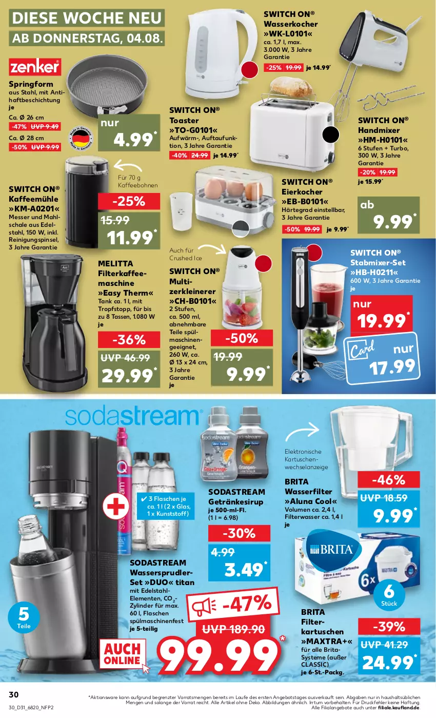 Aktueller Prospekt Kaufland - von 04.08 bis 10.08.2022 - strona 30 - produkty: angebot, angebote, bohne, bohnen, brita, crushed ice, edelstahl, eier, Eierkocher, Elan, Elektro, ente, filterkaffee, filterkartuschen, flasche, getränk, getränke, getränkesirup, handmixer, kaffee, kaffeebohnen, kaffeemaschine, Kaffeemühle, Kocher, leine, Maxtra, melitta, messer, Mixer, Pinsel, Reinigung, ring, Schal, Schale, sirup, Soda, sodastream, Springform, spülmaschinen, stabmixer, tasse, Ti, toast, toaster, wasser, wasserfilter, wasserkocher, wassersprudler, Zerkleinerer, ZTE