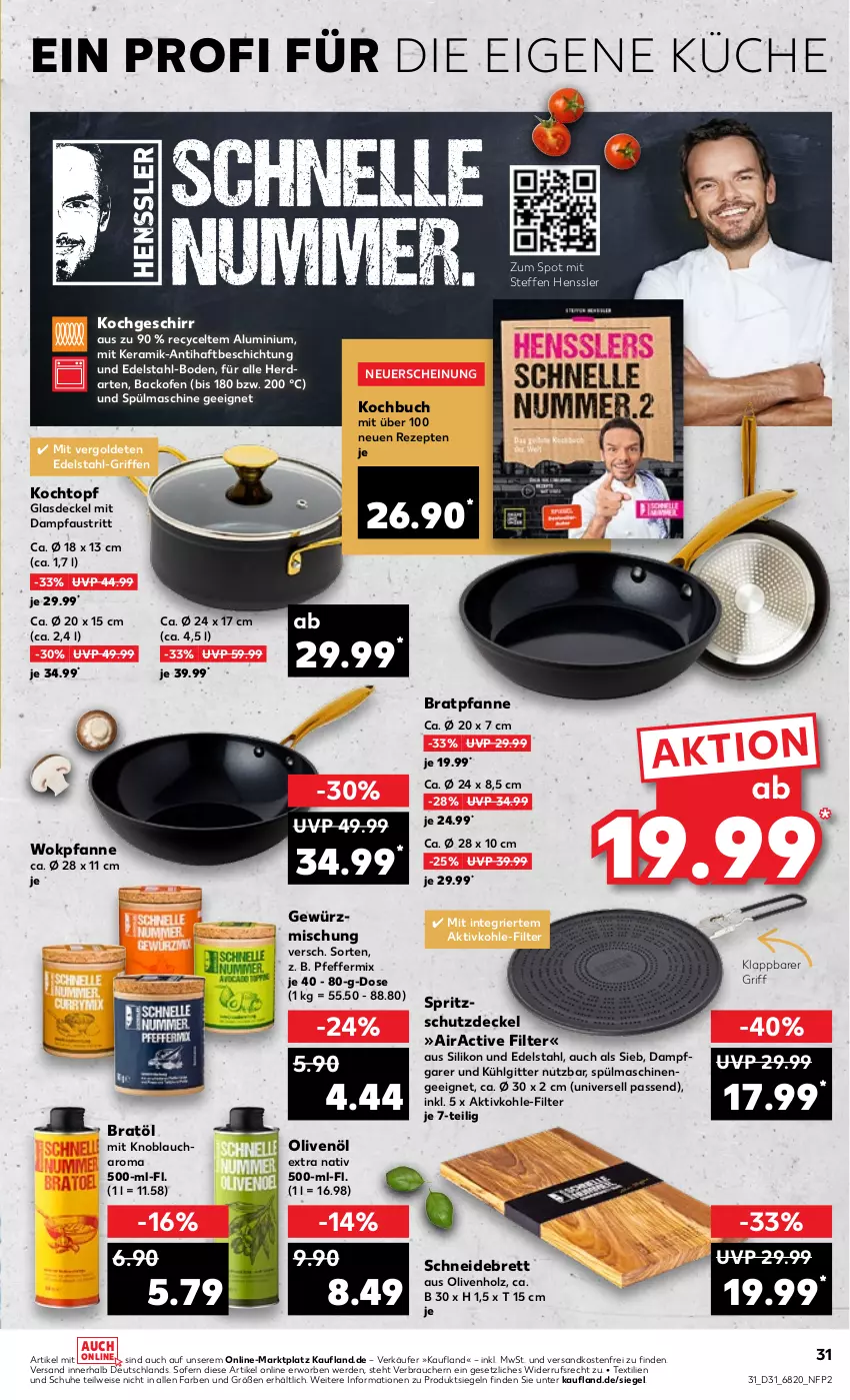 Aktueller Prospekt Kaufland - von 04.08 bis 10.08.2022 - strona 31 - produkty: aust, backofen, bratpfanne, buch, decke, Deckel, edelstahl, eis, erde, geschirr, gewürz, Gewürzmischung, Glasdeckel, herdarten, Holz, knoblauch, Kochtopf, küche, LG, mit knoblauch, ndk, Ofen, olive, oliven, olivenöl, olivenöl extra, pfanne, Pfau, pfeffer, Rauch, rezept, rezepte, schneidebrett, schuhe, Spritzschutz, spülmaschinen, Ti, topf, versandkostenfrei, wok