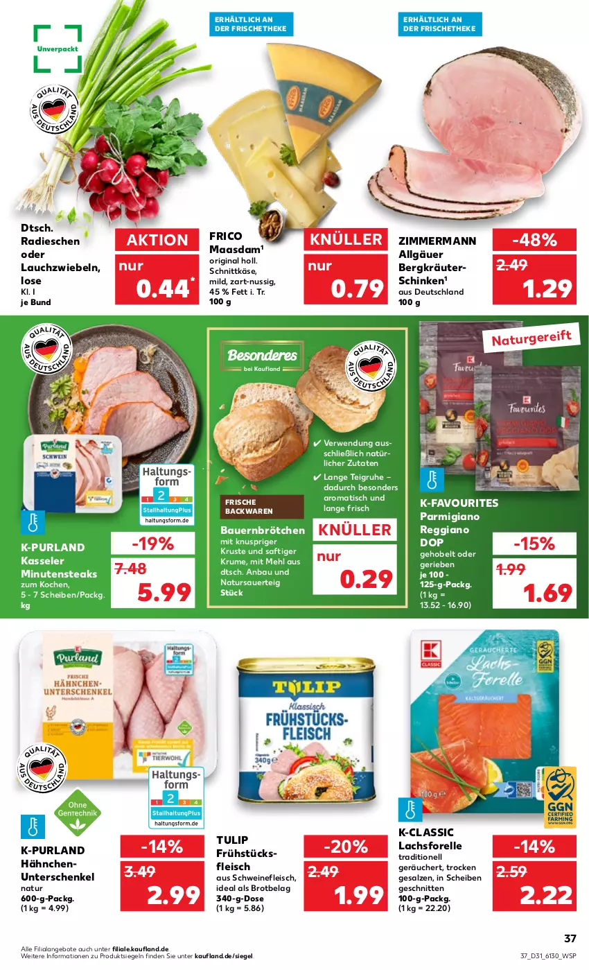 Aktueller Prospekt Kaufland - von 04.08 bis 10.08.2022 - strona 37 - produkty: angebot, angebote, auer, backwaren, Bau, Bauer, brot, brötchen, eis, elle, fleisch, forelle, frico, frische backwaren, frühstücksfleisch, gin, henkel, Käse, kasseler, kräuter, lachs, Lauchzwiebel, lauchzwiebeln, LG, Maasdam, mehl, minutensteaks, natur, nuss, parmigiano, parmigiano reggiano, purland, radieschen, reggiano, rel, rum, rwe, saft, salz, schenkel, schinken, schnitten, schnittkäse, schwein, schweine, schweinefleisch, steak, steaks, Ti, tisch, tulip, wein, weine, zwiebel, zwiebeln