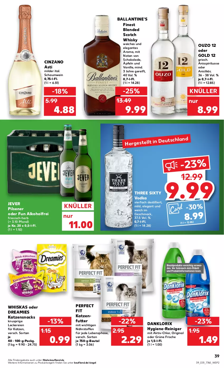 Aktueller Prospekt Kaufland - von 04.08 bis 10.08.2022 - strona 39 - produkty: alkohol, angebot, angebote, asti, ball, Ballantine's, beutel, blended scotch, blended scotch whisky, cin, cinzano, Cinzano Asti, danklorix, dreamies, gin, hygiene-reiniger, jever, jever pilsener, katzenfutter, katzensnack, katzensnacks, likör, mac, ouzo, ouzo 12, Perfect Fit, pils, pilsener, reiniger, schoko, schokolade, scotch, scotch whisky, snack, snacks, Three Sixty, Ti, vanille, vodka, wein, whiskas, whisky