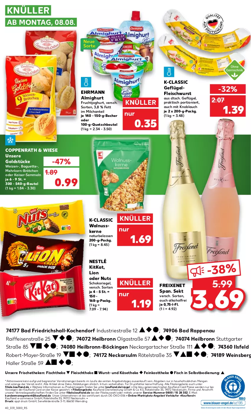 Aktueller Prospekt Kaufland - von 04.08 bis 10.08.2022 - strona 40 - produkty: alkohol, almighur, almighurt, angebot, angebote, Astra, Bad, baguette, Becher, beutel, bio, brötchen, coppenrath, drucker, ehrmann, ehrmann almighurt, eis, Engel, erde, feinkost, feinkosttheke, fisch, fischtheke, fleisch, fleischwurst, freixenet, frucht, fruchtjoghurt, Geflügel, Goldstücke, joghur, joghurt, Kaiser, Käse, käsetheke, kerze, kitkat, knoblauch, korn, LG, lion, milch, mit knoblauch, natur, nestlé, nuss, quetschbeutel, reis, riegel, schoko, schokoriegel, sekt, Semmel, Ti, tisch, walnuss, walnusskerne, wein, wurst, ZTE