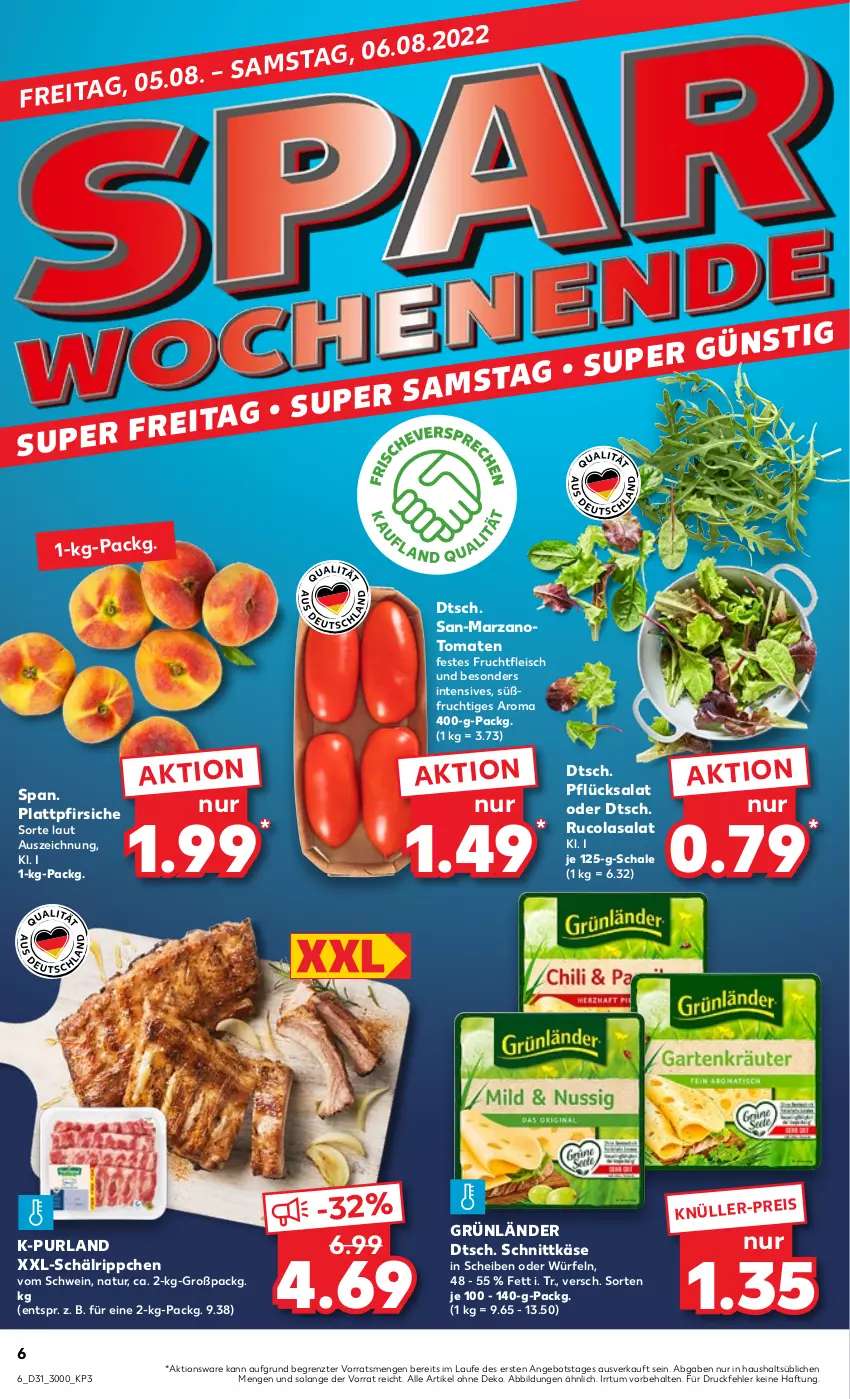 Aktueller Prospekt Kaufland - von 04.08 bis 10.08.2022 - strona 6 - produkty: angebot, cola, eis, fleisch, frucht, fruchtfleisch, grünländer, Käse, natur, pfirsich, pfirsiche, plattpfirsiche, purland, rucola, salat, Schal, Schale, schnittkäse, schwein, Ti, tomate, tomaten, wein, würfel, ZTE