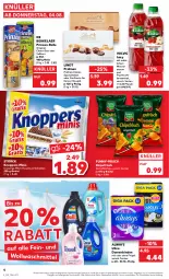 Gazetka promocyjna Kaufland - Gazetka - ważna od 10.08 do 10.08.2022 - strona 4 - produkty: Alwa, Always, angebot, beutel, binden, chips, chipsfrisch, Damenbinden, de beukelaer, frucht, fruchtsaft, funny-frisch, gin, haselnuss, kartoffel, kartoffelchips, knoppers, korn, lindt, milch, mineralwasser, nuss, pralinen, saft, schnitten, Spezi, storck, Ti, volvic, waschmittel, wasser, ZTE