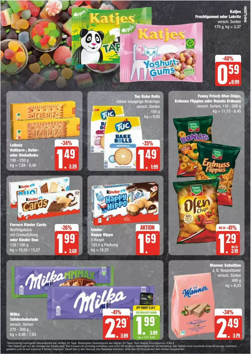 Aktueller Prospekt Edeka - Prospekte - von 22.07 bis 27.07.2024 - strona 19 - produkty: brot, chips, creme, Donut, donuts, erdnuss, flippies, frucht, fruchtgummi, katjes, Kinder, Lakritz, LG, Manner, nuss, oder lakritz, schnitten