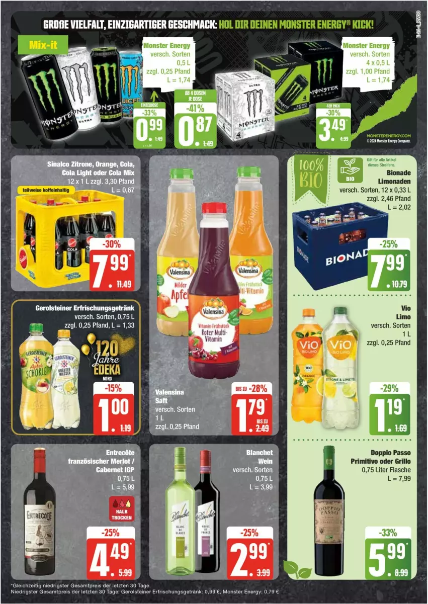 Aktueller Prospekt Edeka - Prospekte - von 22.07 bis 27.07.2024 - strona 21 - produkty: bio, bionade, doppio passo, eis, erfrischungsgetränk, flasche, gerolsteine, gerolsteiner, getränk, grill, grillo, limo, limonade, limonaden, monster, Monster Energy, passo, primitivo, reis, steiner, Ti, vita, ZTE