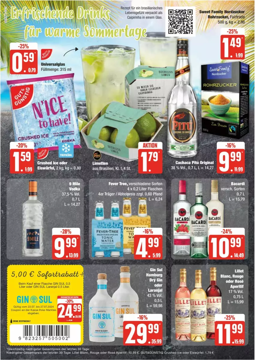 Aktueller Prospekt Edeka - Prospekte - von 22.07 bis 27.07.2024 - strona 22 - produkty: aperitif, caipirinha, crushed ice, eis, eiswürfel, fever-tree, flasche, gin, LG, lillet, limette, limetten, Mett, metten, reis, rezept, rouge, Ti, tonic, tonic water, würfel, ZTE