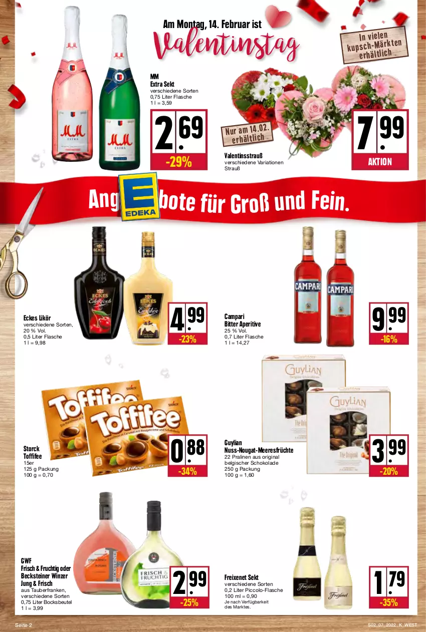 Aktueller Prospekt Kupsch - Angebote der Woche - von 14.02 bis 19.02.2022 - strona 2 - produkty: becks, becksteiner, beutel, campari, flasche, freixenet, frucht, früchte, gin, LG, likör, meeresfrüchte, mm extra, nuss, pralinen, Ria, schoko, schokolade, sekt, steiner, storck, Ti, toffifee