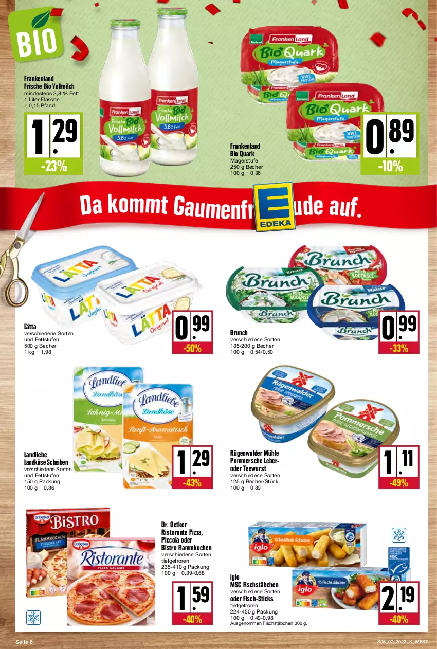 Aktueller Prospekt Kupsch - Angebote der Woche - von 14.02 bis 19.02.2022 - strona 6 - produkty: Becher, bio, cola, Dr. Oetker, fisch, fischstäbchen, flammkuchen, flasche, iglo, Käse, kuchen, lamm, landkäse, landliebe, lätta, milch, ndk, pizza, Pommersche, quark, ristorante, ristorante pizza, rügenwalder, rügenwalder mühle, tee, teewurst, Ti, vollmilch, wurst