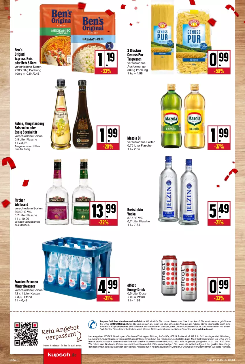 Aktueller Prospekt Kupsch - Angebote der Woche - von 14.02 bis 19.02.2022 - strona 8 - produkty: Alwa, angebot, angebote, balsam, balsamico, Ben’s Original, Boris Jelzin, brunnen, deka, drink, Effect, eis, energy drink, ente, essig, flasche, franken brunnen, gin, hengstenberg, jelzin, korn, kräuter, Kräuter Essig, Kühne, mazola, mineralwasser, nuss, pircher, reis, ring, sac, Spezi, teigwaren, telefon, Ti, vodka, wasser