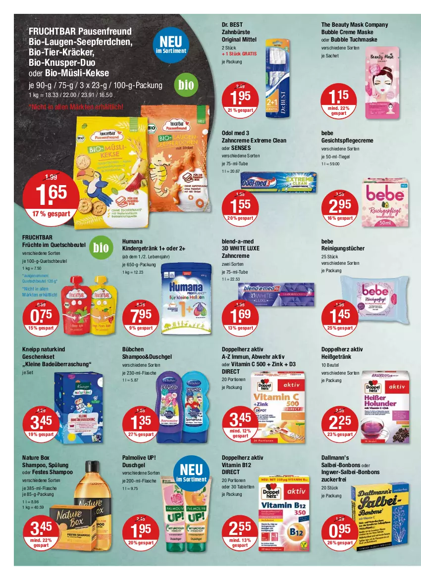 Aktueller Prospekt Vmarkt - V-Markt - von 08.09 bis 14.09.2022 - strona 12 - produkty: Bad, Bebe, beutel, bio, blend-a-med, bonbons, bübchen, bürste, creme, doppelherz, Dr. Best, duschgel, flasche, frucht, früchte, geschenkset, gesichtspflege, getränk, gin, ingwer, je 50-ml-tiegel, keks, kekse, Kinder, kneipp, leine, Maske, müsli, natur, nature box, Odol, odol med, olive, palmolive, Pflegecreme, quetschbeutel, Reinigung, reinigungstücher, sac, senf, shampoo, spülung, tablet, tablett, Tablette, Ti, tuc, tücher, tuchmaske, vita, Vitamin B, Vitamin C, zahnbürste, zahncreme, zucker