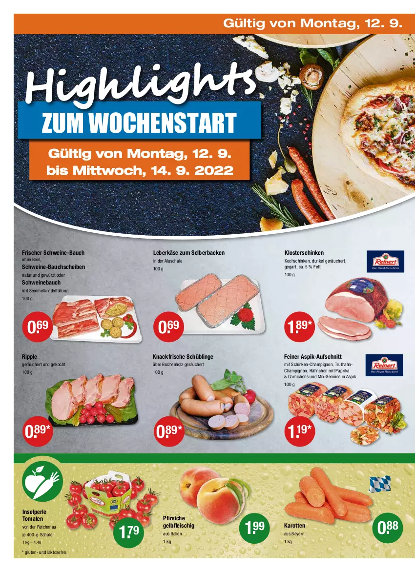 Aktueller Prospekt Vmarkt - V-Markt - von 08.09 bis 14.09.2022 - strona 22 - produkty: aufschnitt, Bau, bauchscheiben, buch, champignon, eis, fleisch, gewürz, Holz, karotten, Käse, Knödel, kochschinken, leberkäs, leberkäse, mit paprika, natur, paprika, pfirsich, pfirsiche, Schal, Schale, schinken, schwein, schweine, schweine-bauch, schweine-bauchscheiben, Schweinebauch, Semmel, Semmelknödel, Ti, tomate, tomaten, truthahn, wein, weine