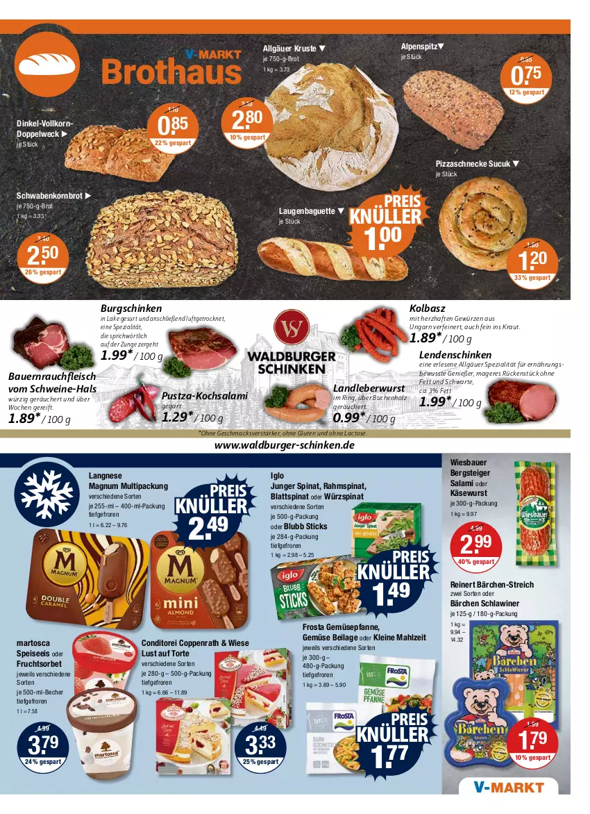 Aktueller Prospekt Vmarkt - V-Markt - von 08.09 bis 14.09.2022 - strona 5 - produkty: auer, baguette, Bau, Bauer, Becher, blattspinat, brot, buch, burger, coppenrath, eis, fleisch, frosta, frucht, gewürz, Holz, iglo, ilag, je 750-g-brot, Käse, Käsewurst, korn, Kornbrot, Kraut, landleberwurst, langnese, leberwurst, leine, LG, Lust auf Torte, mac, magnum, pfanne, pizza, Rauch, reinert, ring, salami, schinken, schwein, schweine, Sorbet, Spezi, spinat, Sucuk, Ti, torte, weck, wein, weine, wiesbauer, wurst