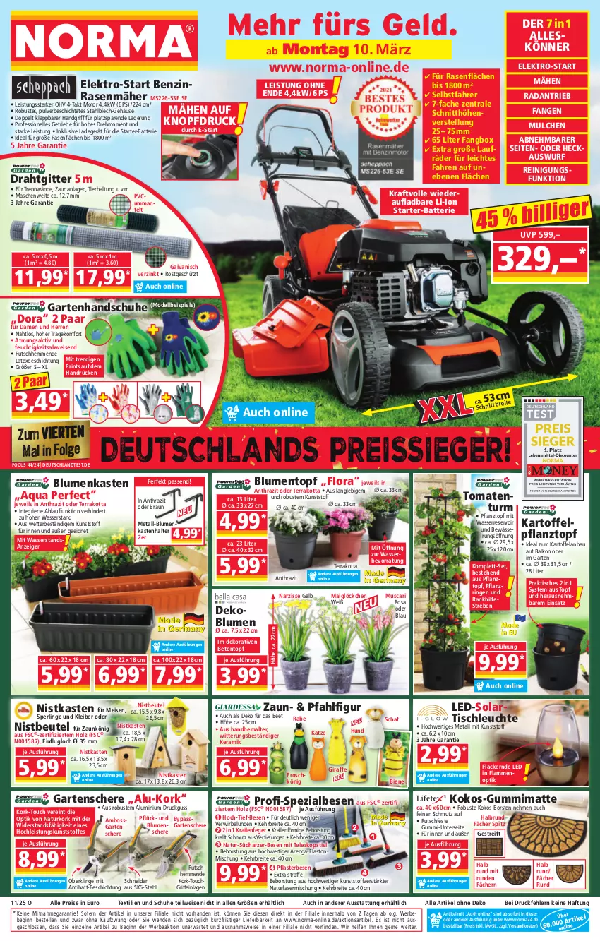 Aktueller Prospekt Norma - Norma - von 10.03 bis 17.03.2025 - strona 1 - produkty: aqua, batterie, Bau, Bebe, beutel, blume, blumen, boss, braun, Brei, dell, Draht, eis, Elan, Elektro, elle, Frosch, Garten, Gartenschere, gin, handschuhe, Holz, kartoffel, kokos, kraft, lack, Lacke, ladegerät, lamm, laufräder, Leuchte, LG, Mantel, Mode, natur, ndk, Pflanztopf, pflaster, rasen, rasenmäher, Reinigung, reis, reiss, ring, Schere, schuhe, senf, Spezi, Spiele, Teleskop, teleskopstiel, Ti, tisch, tischleuchte, tomate, tomaten, topf, wasser