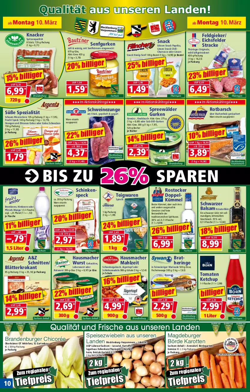 Aktueller Prospekt Norma - Norma - von 10.03 bis 17.03.2025 - strona 10 - produkty: arla, balsam, Bau, Becher, beere, beutel, Bratheringe, brombeere, buch, burger, chili, eis, elle, erbsen, fisch, fische, flasche, frucht, Garten, gelee, gewürz, gin, gulasch, gurke, gurken, Hausmacher, hering, himbeer, himbeere, Holz, honig, Honig-Senf, karotten, kartoffel, ketchup, knacker, knoblauch, kräuter, kräuterlikör, kühlregal, leberwurst, likör, linsen, Linsen Snack, mac, mango, marinade, nudel, nudeln, orange, orangen, paprika, pfirsich, regal, reis, rel, ring, Rostocker, Rotbarsch, Rotwurst, sac, salz, Schal, Schale, schinken, schinkenspeck, schnitten, schwein, schweine, schweinegulasch, Schweinezunge, senf, snack, Speck, Speisezwiebeln, Spezi, spitzenqualität, spreewälder, Stier, teigwaren, Ti, tiefpreis, Tiere, tomate, tomaten, tomaten ketchup, topf, Waage, weck, wein, weine, wurst, zitrone, zitronen, zwiebel, zwiebeln