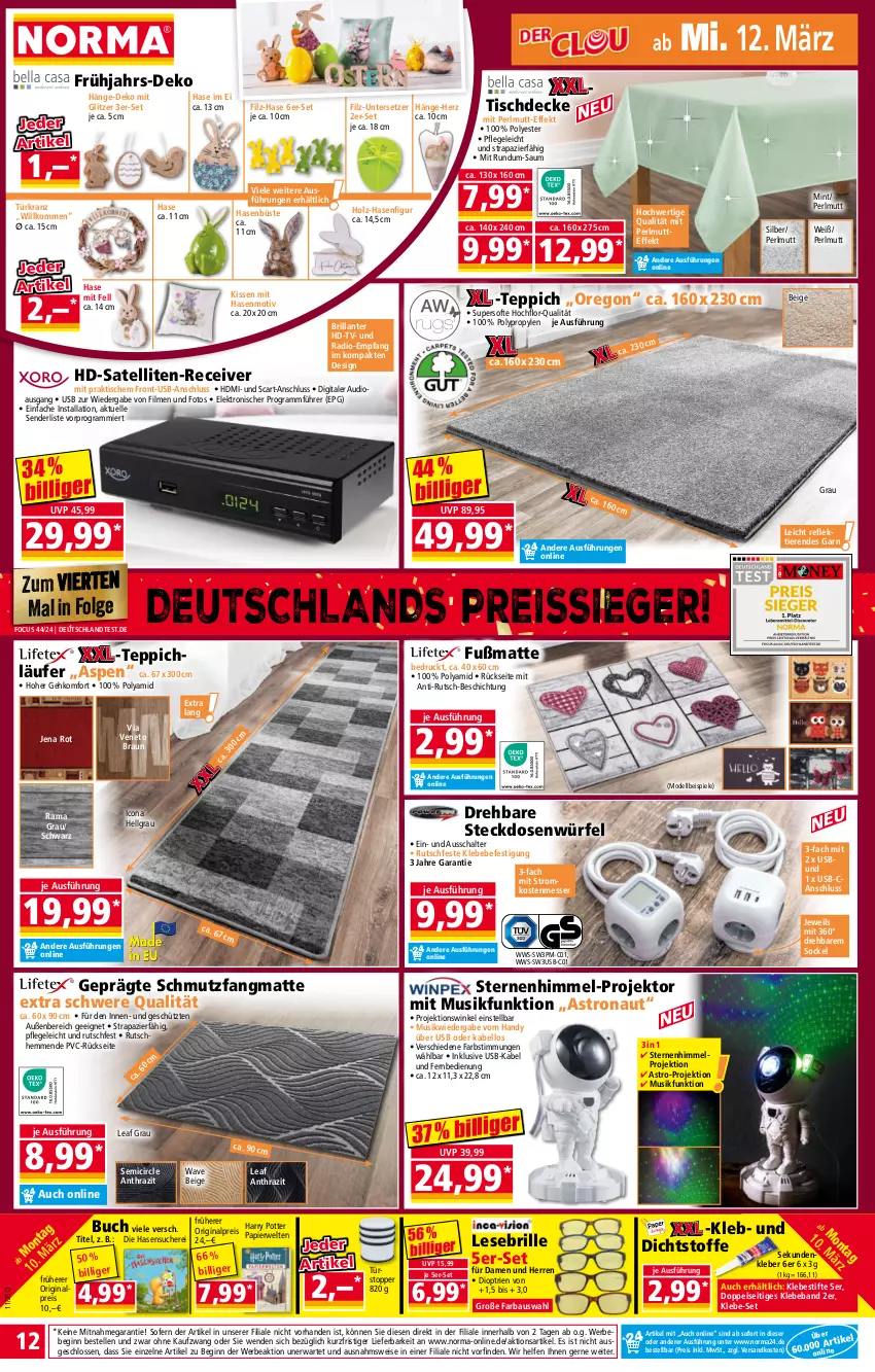 Aktueller Prospekt Norma - Norma - von 10.03 bis 17.03.2025 - strona 12 - produkty: Bau, Beba, Bebe, braun, Brille, buch, decke, dell, eis, Elektro, elle, fernbedienung, Fußmatte, gin, Handy, HDMI, Holz, kissen, kleber, Kranz, Läufer, LG, messer, mint, Mode, ndk, papier, Projektor, Radio, rama, Receiver, reis, reiss, rwe, Schal, schmutzfangmatte, senf, Spiele, steckdose, stifte, teppich, Ti, Tiere, tisch, tischdecke, topper, Türkranz, türstopper, Untersetzer, usb, würfel, ZTE