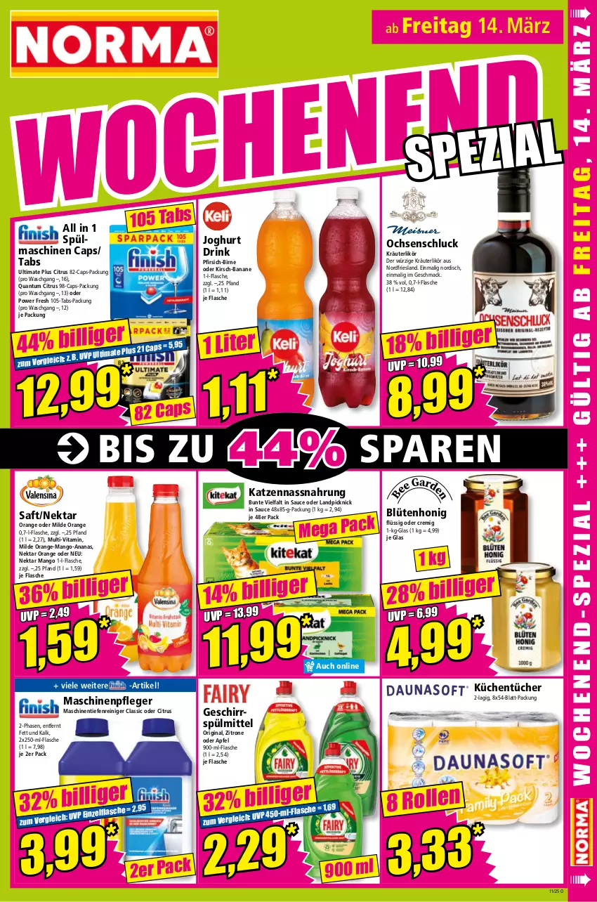 Aktueller Prospekt Norma - Norma - von 10.03 bis 17.03.2025 - strona 15 - produkty: ananas, apfel, banane, Blüte, blütenhonig, Cap, citrus, drink, flasche, geschirr, geschirrspülmittel, gin, honig, joghur, joghurt, kirsch, kräuter, kräuterlikör, küche, Küchen, küchentücher, likör, mac, mango, Maschinenpfleger, Nassnahrung, Nektar, orange, pfirsich, reiniger, saft, sauce, spülmaschinen, spülmittel, Ti, tücher, vita, zitrone