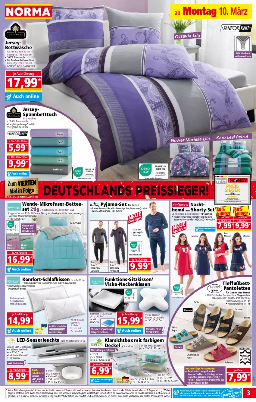 Aktueller Prospekt Norma - Norma - von 10.03 bis 17.03.2025 - strona 3 - produkty: aqua, ariel, asti, batterie, batterien, Bau, baumwolle, Bebe, bett, Betten, Betttuch, bettwäsche, braun, butter, decke, Deckel, decksohle, eis, Elan, elle, Engel, flieder, gin, hemd, kissen, Klarsichtbox, kopfkissen, LED-Leuchte, led-licht, Leuchte, LG, mab, mikrofaser, mint, Nachthemd, nackenkissen, ndk, pantolette, pantoletten, Pyjama, reine baumwolle, reis, reiss, Ria, rind, ring, Rubin, shorty, sitzkissen, spannbetttuch, Steppdecke, Ti, tisch, tuc, wolle