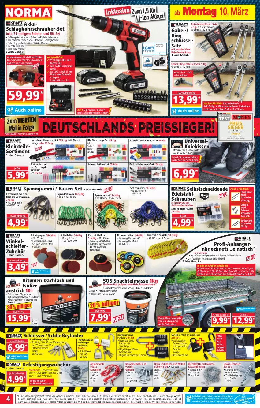 Aktueller Prospekt Norma - Norma - von 10.03 bis 17.03.2025 - strona 4 - produkty: abis, adapter, akku, Anhänger, asti, aufbewahrungsbox, aufbewahrungskoffer, Bebe, Bohrer-Set, Bohrschrauber, Brei, bügel, Draht, edelstahl, eis, elle, gabel, gin, Holz, Kette, kissen, Kniekissen, koffer, korn, kraft, lack, ladegerät, LG, linsen, messer, ndk, papier, reis, reiss, ring, Ringschlüsselsatz, rum, Schal, schlauch, Schleifpapier, schnellladegerät, schrauben, spachtel, Spezi, Ti, tisch, Winkelschleifer