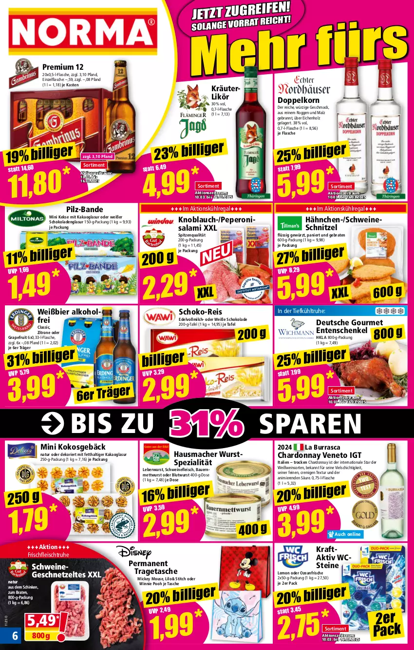 Aktueller Prospekt Norma - Norma - von 10.03 bis 17.03.2025 - strona 6 - produkty: alkohol, auer, Bau, Bauer, bier, braten, chardonnay, doppelkorn, eis, ente, Entenschenkel, flasche, fleisch, geschnetzeltes, gewürz, grapefruit, Hausmacher, henkel, Holz, kakao, keks, kekse, knoblauch, kokos, korn, kraft, kräuter, kräuterlikör, kühlregal, leberwurst, likör, mac, malz, Mett, mettwurst, milch, natur, peperoni, Peroni, regal, reis, salami, schenkel, schinken, schnitzel, schoko, schokolade, schokoladen, schwein, schweine, schweinefleisch, schweineschnitzel, Spezi, spitzenqualität, Tasche, Ti, tragetasche, vollmilch, wein, weine, Weiße Schokolade, Weißwein, wurst, Zelt, zitrone